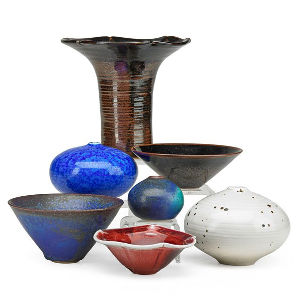 OTTO AND VIVIKA HEINO: Seven glazed porcelain pieces, CA; All signed; Largest: 6 1/4" x 7"