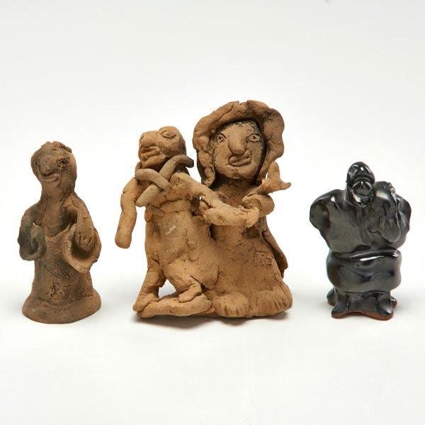 EDWIN SCHEIER; MARY SCHEIER: Three ceramic kiln gods, two unglazed and one glazed, USA, 20th c.; One marked: A.B.; Largest: 3" x 3 1/2"