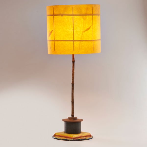 GARY KNOX BENNETT: Bamboo table lamp with parchment shade and painted touch-activated base, Oakland, CA, 1990s; Resin, mixed woods and metals; 39" x 16" dia