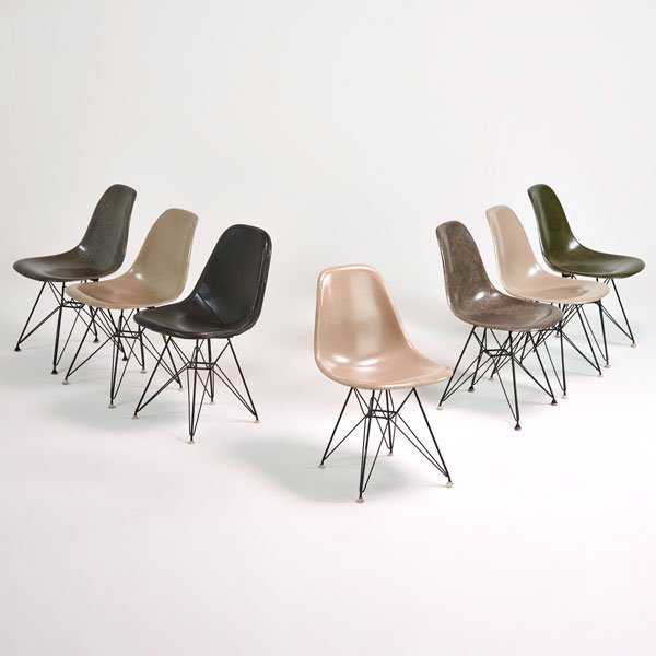 CHARLES AND RAY EAMES; HERMAN MILLER: Seven side chairs, Zeeland, MI, 1960s; Plastic reinforced fiberglass, enameled steel; Some marked; Each: 29 1/2" x 18 1/2" x 21 1/2"