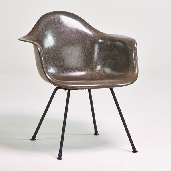 CHARLES AND RAY EAMES; HERMAN MILLER: Fiberglass shell armchair, Zeeland, MI, 1940s; Molded fiberglass and enameled steel; Unmarked; 28" x 25" x 24"