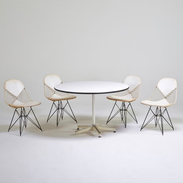 CHARLES AND RAY EAMES; HERMAN MILLER: Dining set: four Bikini chairs and table, Zeeland, MI, 1950s; Plastic coated and enameled steel, laminate, vinyl; Metal and upholstery labels; Table: 29" x 45 1/2", chair: 32" x 19" x 21 1/2"