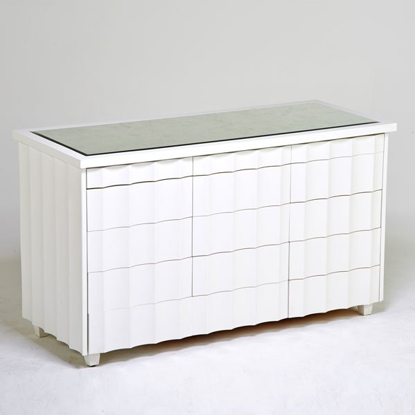 JAMIE HERZLINGER: Gramercy dresser with finished back, New York, 2000s; Lacquered wood and mirrored glass; Unmarked; 62" x 25" x 36: