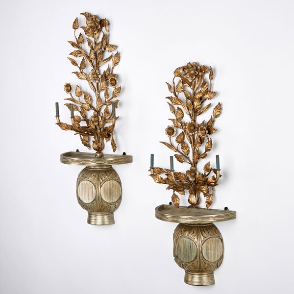 JAMES MONT: Pair of wall brackets with matching decorative sconces, USA, ca. 1960s; Enameled metal and silvered wood; Unmarked; 25" x 8 1/2" x 4 3/4"