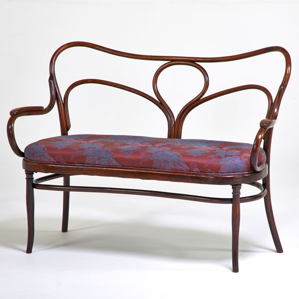 JOSEF HOFFMAN; J&J KOHN: Settee, Austria, ca. 1920s; Bentwood, upholstery; Marked with paper label "JOSEF HOFFMAN SUCC. BIELITZ AUSTRIA;" 35" x 48" x 24"