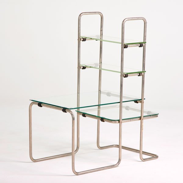 EMILE GUYOT; THONET: Étagère; Austria, 1920s; Polished tubular steel, glass, plastic; Unmarked; 44" x 36" x 20"