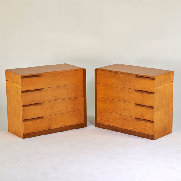 GILBERT ROHDE; MODERNAGE ATTR.: Bedroom set: King-sized headboard, two tall four-drawer nightstands, and pair of four-drawer chests, USA, ca. 1940s; Birdseye maple, walnut; Unmarked: Chests: 36" x 22" x 20 1/2", headboard: 44" x 80"