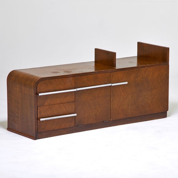 GILBERT ROHDE; HERMAN MILLER: Cabinet, Zeeland, MI, 1930s; Oak, matte chromed steel; Unmarked; 22 1/2" x 50" x 15"