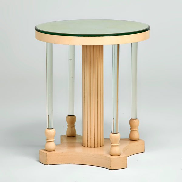 GROSFELD HOUSE: Lamp table, USA, 1930s; Painted wood, glass, mirror; Unmarked; 30 1/2" x 26" dia