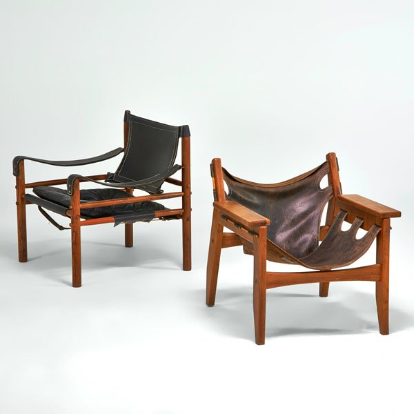 SERGIO RODRIGUES; OCA; ETC: Kilin lounge chair; together with a similar safari chair, Brazil, 1960s; Rosewood, stitched saddle leather, brass; Metal label; Larger: 27" x 26 1/2" x 25"