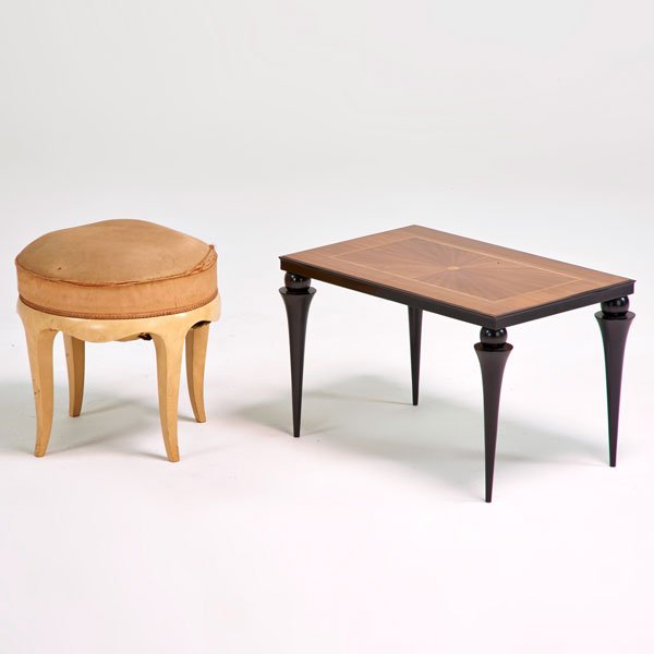 JEAN PASCAUD: Side table and stool, France, 1930s; Enameled and inlaid mixed woods, upholstery; Unmarked; Table: 15" x 24" x 16", stool: 16 1/2" x 16 1/2" dia.