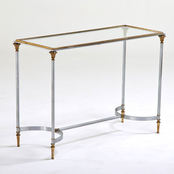 STYLE OF MAISON JANSEN: Console table, 1960s; Matte chromed steel, brass, glass; Unmarked; 27" x 39" x 16"