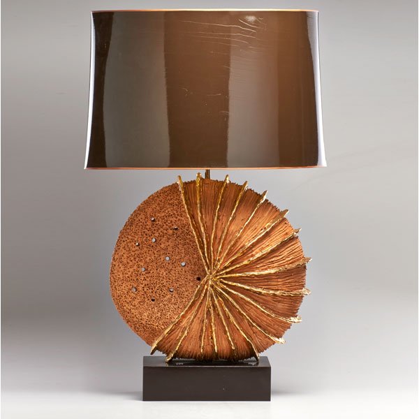 FRENCH: Table lamp with gilt decoration and original shade, ca. 1970s; Glazed earthenware, enameled metal; Illegible signature; Without shade: 32 1/2" x 17 1/2" x 8"