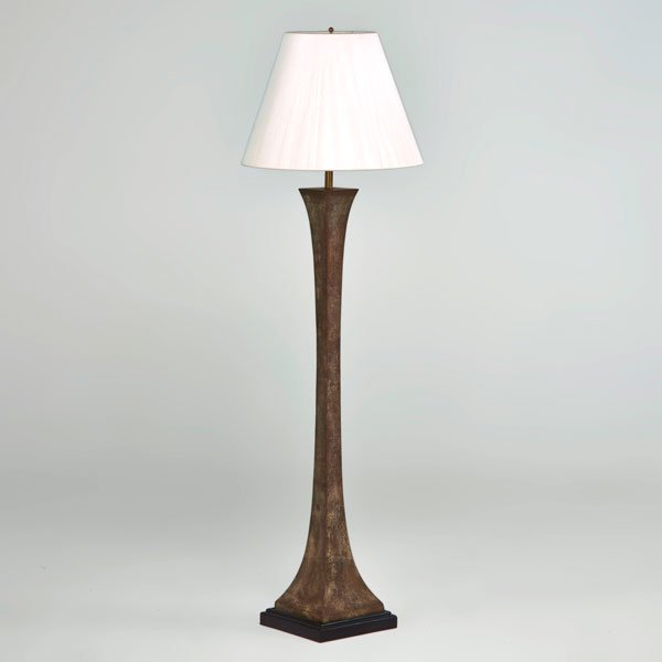 MAISON JANSEN: Floor lamp, 1990s; Patinated bronze, stained wood, strung shade; Unmarked; Overall: 66" x 20" dia