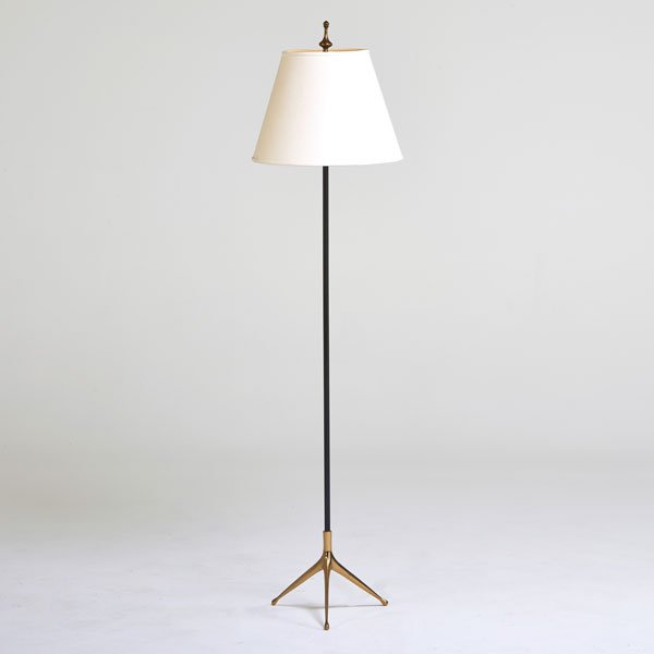 STYLE OF CARL AUBOCK: Floor lamp, 1950s; Unmarked; Enameled steel, brass, linen shade; Unmarked; With shade: 64" x 16" dia