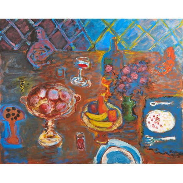 GEORGE RHOADS (American, 20th c.): Oil on linen; "Still Life with Two Women," 1963 (framed); Signed; 41" x 51 3/4"