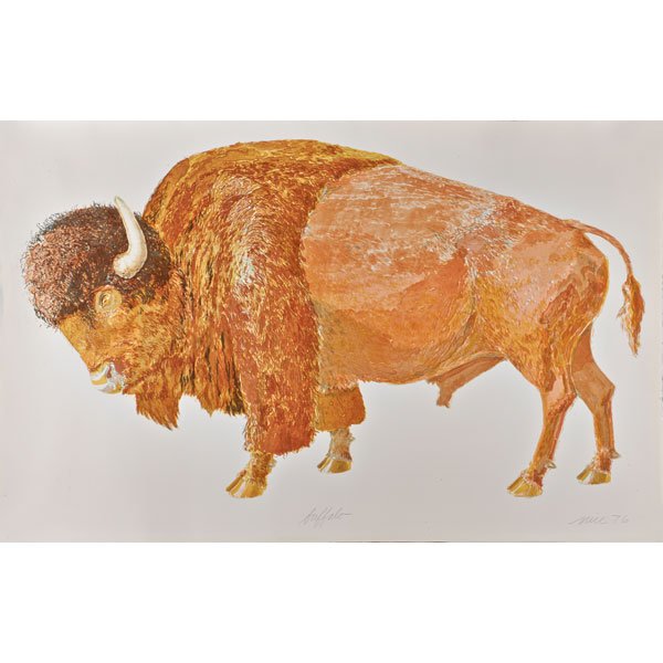 DON NICE (American, b. 1932): Lithograph in color of a buffalo, 1976; Signed and dated; Printed by Landfall Press, Inc., Chicago; 31 3/4" x 48"