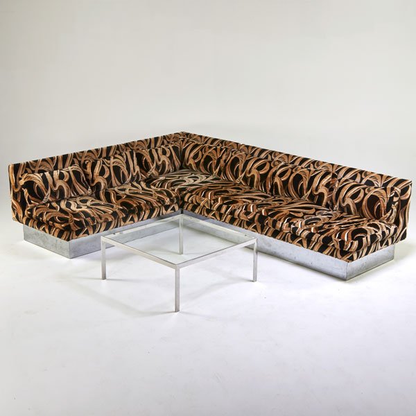 MILO BAUGHMAN; THAYER COGGIN: Sectional sofa and coffee table, High Point, NC, 1970s; Chromed steel, velvet, glass; Unmarked; Sofa overall: 30" x 115" x 89", coffee table: 15" x 36" sq.
