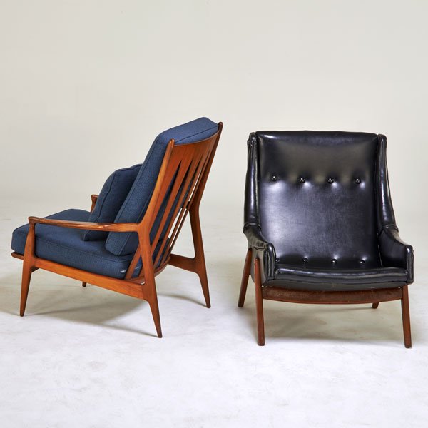 MILO BAUGHMAN; THAYER COGGIN; ETC.: Milo Baughman for Thayer Coggin lounge chair, High Point, NC, 1970s; Together with tallback lounge chair; Walnut, upholstery, vinyl; Unmarked; Milo Baughman: 37" x 30" x 34"