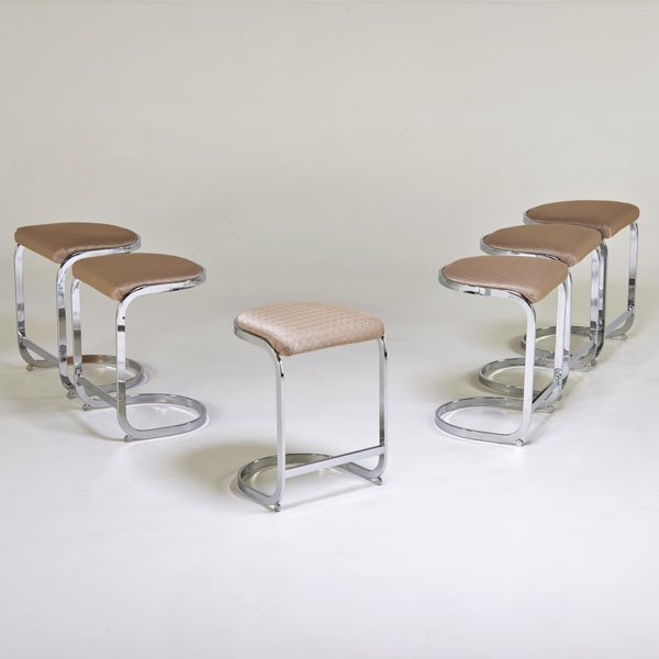 STYLE OF MILO BAUGHMAN: Five stools, 1970s; Chromed steel, upholstery; Unmarked; 23 1/2" x 17 1/2" x 17 1/2"