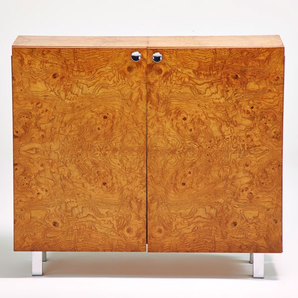 STYLE OF MILO BAUGHMAN: Two-door cabinet, USA, 1970s; Burled wood, chromed steel; 33 1/2" x 38" x 15"