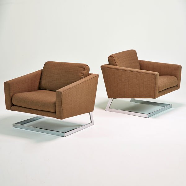 STYLE OF MILO BAUGHMAN: Pair of lounge chairs, USA, 1970s, Chromed steel and upholstery; Unmarked; Each: 29 1/2" x 30" x 32"