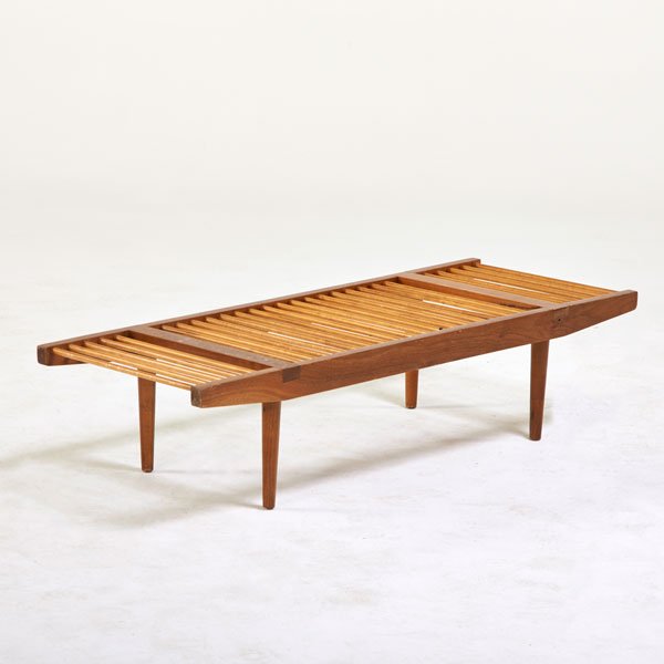 MILO BAUGHMAN; GLENN OF CALIFORNIA: Slat bench, USA, 1950s; Walnut, hickory; Unmarked; 11" x 48" x 18"