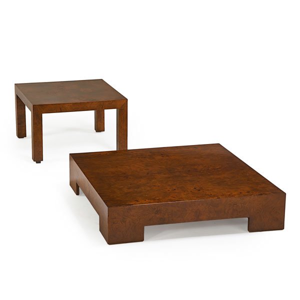 MILO BAUGHMAN; THAYER COGGIN: Coffee table and side table, High Point, NC, 1970s; Maple burl; Manufacturer label on side table; Coffee table: 10 1/2" x 48" sq., side table: 20" x 32" sq.