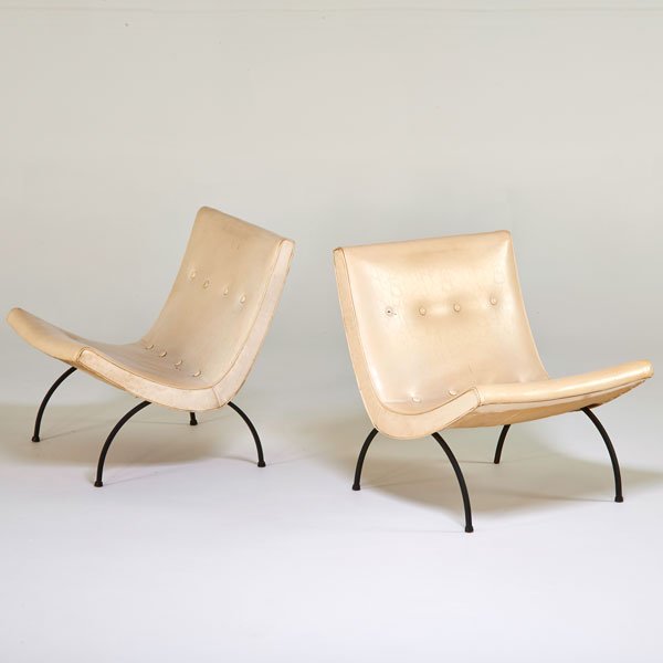 MILO BAUGHMAN; BROYHILL: Pair of scoop chairs, USA, 1960s; Enameled metal, vinyl; Unmarked; 29" x 26 1/4" x 28 1/2"
