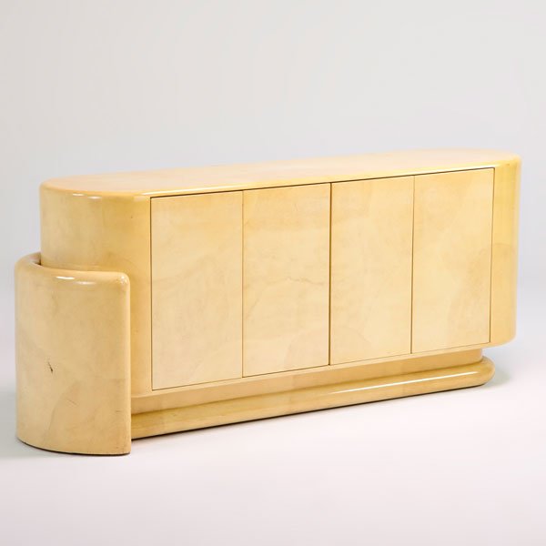 KARL SPRINGER: "Kyoto" cabinet; New York, 1970s; Faux parchment, lacquered wood; 32 1/2" x 76" x 23"; Complete with certificate of authenticity from Tom Langevin