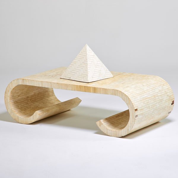 ENRIQUE GARCEL: Coffee table and obelisk, Colombia, 1980s; Bone; Unmarked; Coffee table: 14" x 47 1/2" x 24"