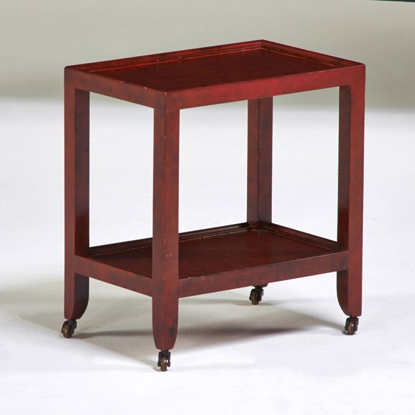 KARL SPRINGER: Occasional table, New York, 1980s; Polychromed wood, brass; Unmarked; 16" x 14 1/2" x 9 1/2"