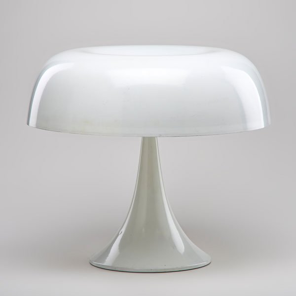 ROBERT SONNEMAN: Mushroom-shaped table lamp, USA, 20th c; Enameled aluminum; Manufacturer's label; 17 1/2" x 20 1/4" dia