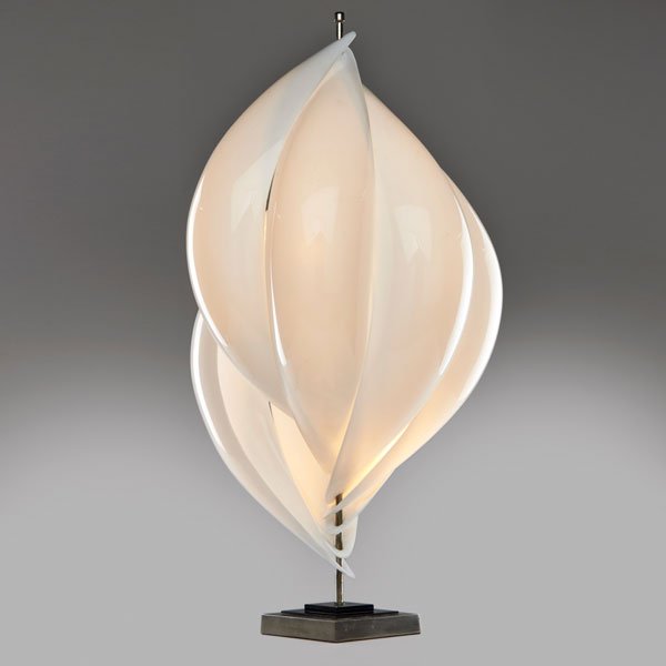 ROUGIER: Table lamp, Canada, 1970s; Acrylic, chromed steel, lucite, brushed aluminum; Metal tag; 34 1/2" x 19"
