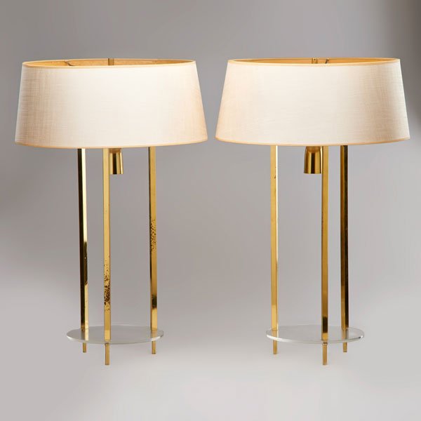 PAUL McCOBB ATTR.: Pair of lucite and brass table lamps, USA, 1950s; Unmarked; Each: 26 1/2" x 167" dia.
