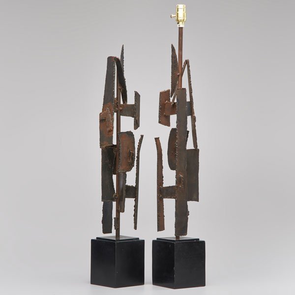 HARRY BALMER; LAUREL LAMP CO.: Pair of table lamps, one missing socket, USA, 1960s; Welded steel and enameled metal; Unmarked; With socket: 36 1/2"
