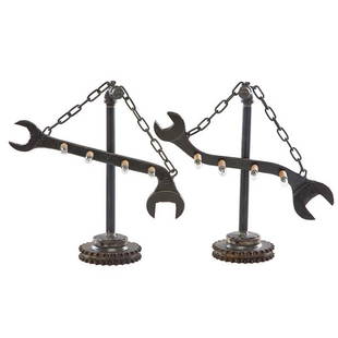 JASON WEIN; CLEVELAND ART: Pair of table lamps, Cleveland, OH, 2013; Blackened steel wrenches, piping, and chain gears, four sockets; Unmarked; 20 1/2" x 21" x 8 1/2"