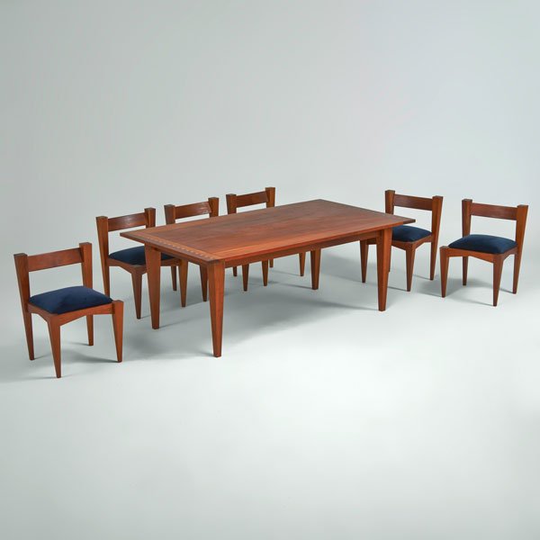 JEFFREY GREENE: Dining set: extension table and six side chairs, Doylestown, PA, 1990s; Cherry, wenge, maple, upholstery; All pieces signed; Table: 30" x 80 1/2" x 44", two 20" leaves, chairs :30 1/2" x 21 1/2" x 20"