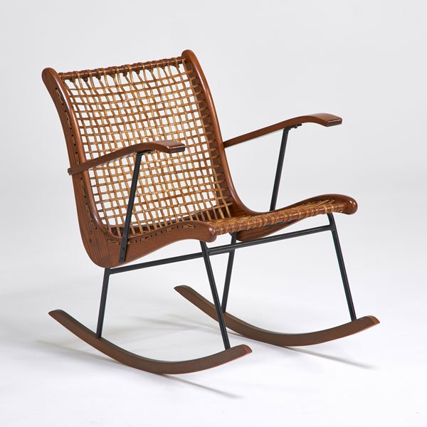 VERMONT TUBBS: Rocking chair, New Hampshire, 1950s; Ash, gut; Faint mark; 29" x 22" x 32"