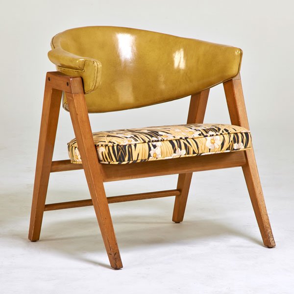 EDWARD WORMLEY; DUNBAR: Lounge chair, Berne, IN, 1940s; Bleached mahogany, brass, upholstery, leather; Green and black metal label; 27" x 26 1/2" x 23 1/2"