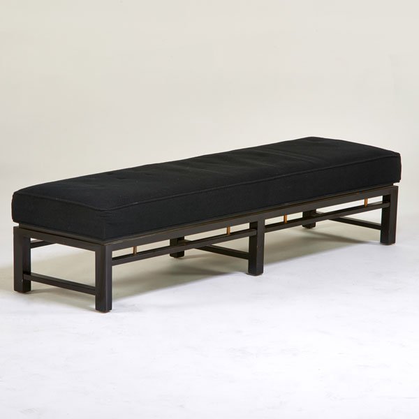 EDWARD WORMLEY; DUNBAR: Bench, Berne, IN, 1950s; Stained wood, brass, wool upholstery; Metal tag; 14 1/2" x 66" x 19"