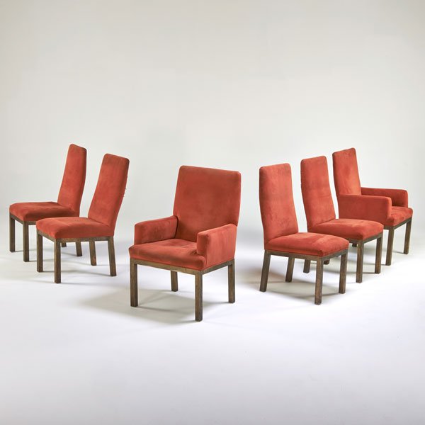 JOHN STUART: Six dining chairs, two arm-, four side-, USA, 1950s; Patinated metal, microfiber; Unmarked; Arm: 39 1/2" x 25" x 23, side: 39 1/2" x 19" x 20"