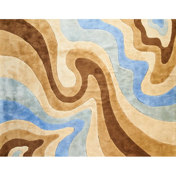 EDWARD FIELDS: Room-sized wool area rug, Long Island, NY, ca. 1970s; Signed Edward Fields; 110" x 137"