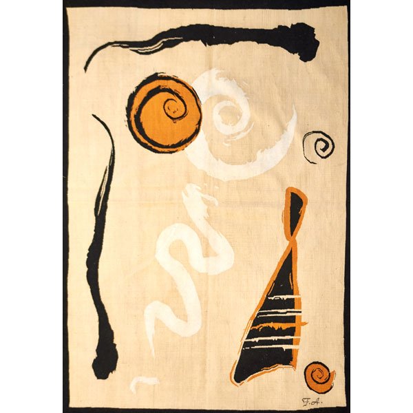 FRENCH ACCENTS: Flatweave wool area rug with abstract design in burnt orange, black, and white on a natural ground, New York; Marked FA in ground; 72" x 97"