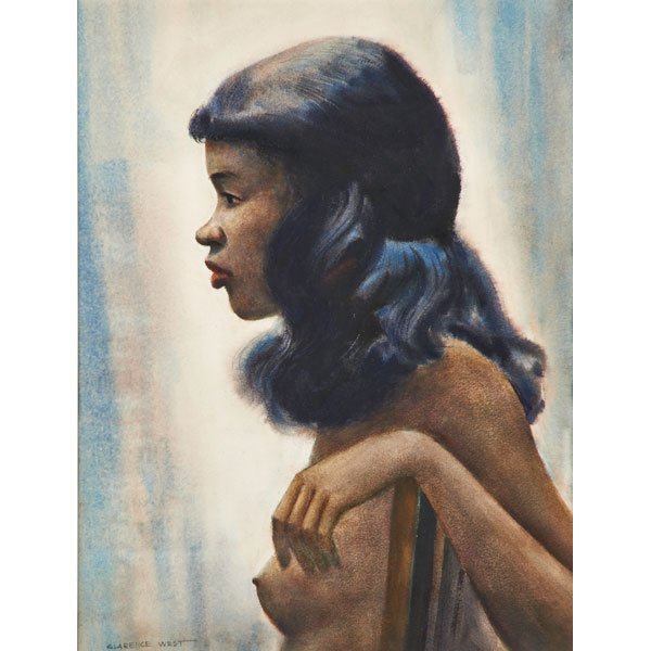 CLARENCE WEST (American, 20th c.): Watercolor on paper; "Harlem Bobbysoxer" (framed); Signed; 18" x 13 3/8" (sight)