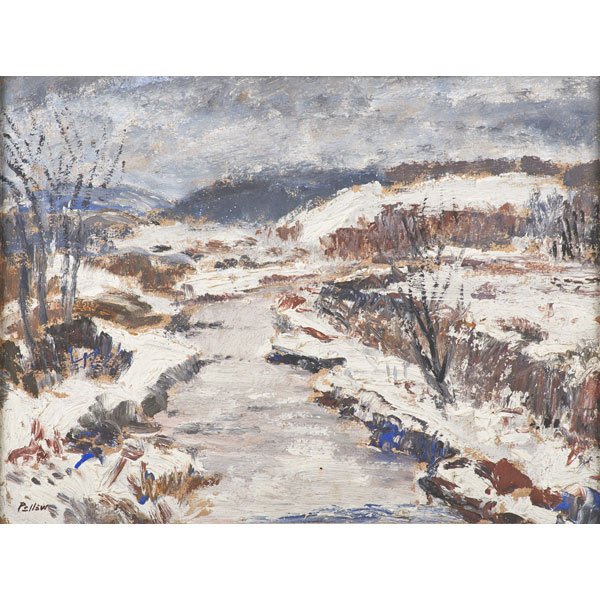 JOHN CLIFFORD PELLOW (American, 1903-1993): Two-sided oil on board; Riverscape, with beach scene and driftwood on verso, both sides signed; 12" x 16"
