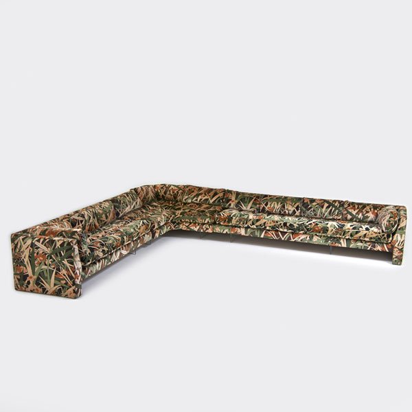 VLADIMIR KAGAN; VLADIMIR KAGAN DESIGNS INC.: Omnibus two-part sectional sofa, New York, 1970s; Upholstery, acrylic; Upholstery labels; 27 1/2" x 139" x 169", depth: 33"