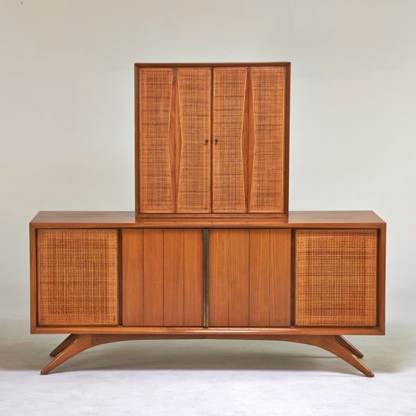 VLADIMIR KAGAN; GROSFELD HOUSE: Sideboard with matching top, New York, 1950s; Walnut, cane, brass plated metal; Unmarked; 64" x 72" x 20"