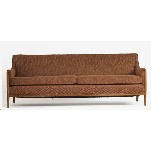 T.H. ROBSJOHN-GIBBINGS; WIDDICOMB: Sofa, Grand Rapids, MI, 1950s; Walnut, upholstery; Unmarked; 31 1/2" x 85 1/2" x 33 1/2"