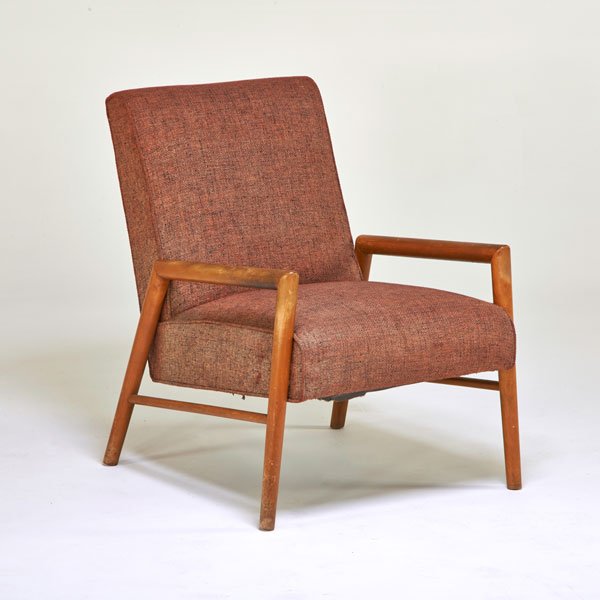T.H. ROBSJOHN-GIBBINGS; WIDDICOMB: Lounge chair, Grand Rapids, MI, 1960s; Bleached walnut, upholstery; Unmarked; 35" x 25" x 37"